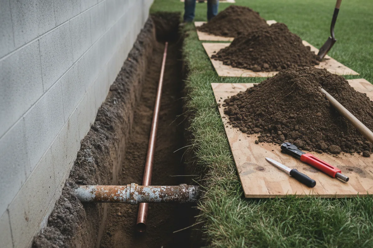 Excavated water line trench during Water Softener Installation in Wofford Heights